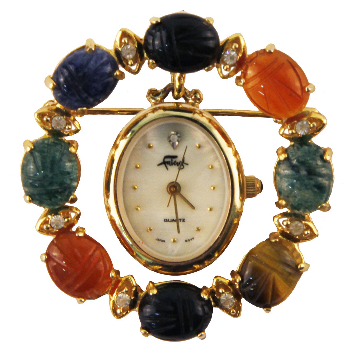 фото Часы-брошь "Мозаика". Бижутерный сплав, японский часовой механизм, поделочные камни. Фаберже, Франция, конец XX века