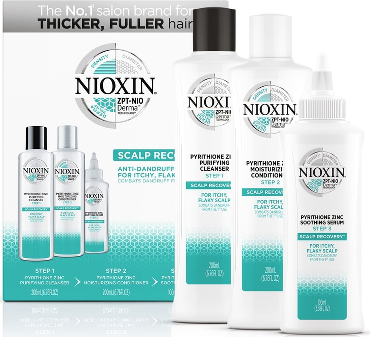 фото Косметический набор для волос против перхоти Nioxin Scalp Recovery Шампунь, 200 мл + Увлажняющий кондиционер, 200 мл + Успокаивающая сыворотка, 100 мл