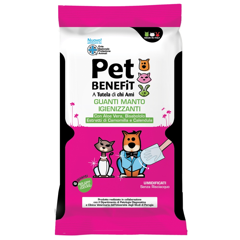 фото Влажные салфетки для животных Pet Benefit Очищающие влажные перчатки Pet Benfit GUANTI MANTO IGIENIZZANTI для ухода за шерстью, 6 шт/уп