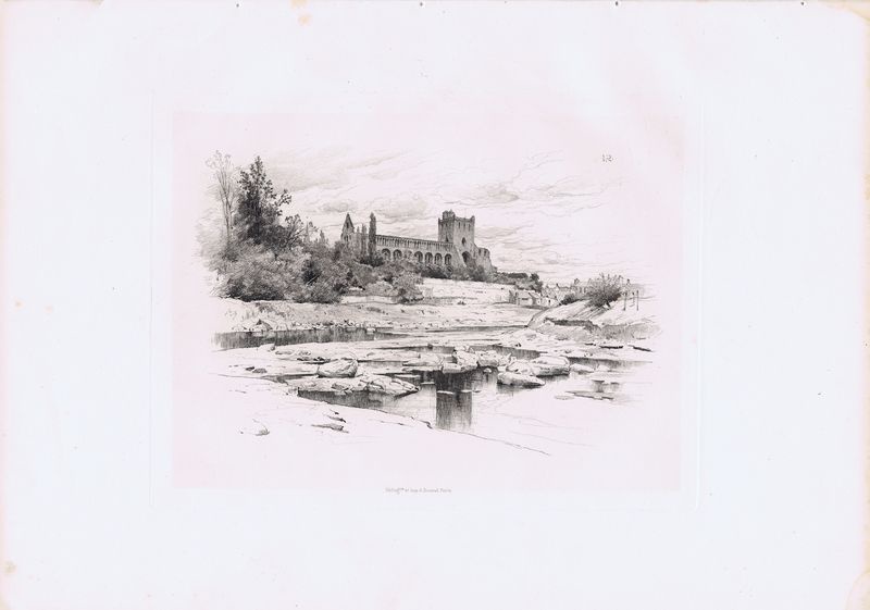 фото Гравюра Шарль Аман-Дюран Шотландия. Река Твид. Аббатство Джедборо. Гелиогравюра. Шотландия, Эдинбург, 1884 год