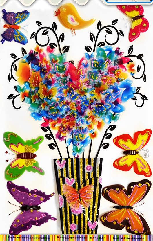 фото Наклейки ЛиС объёмная 3D с глиттером 32х51см ПВХ, Цветы и бабочки