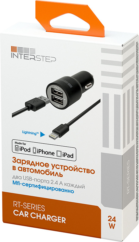 фото Автомобильное зарядное устройство Interstep IS-CC-IPAD52KRT-000B201, кабель Lightning, 2,1А, черный