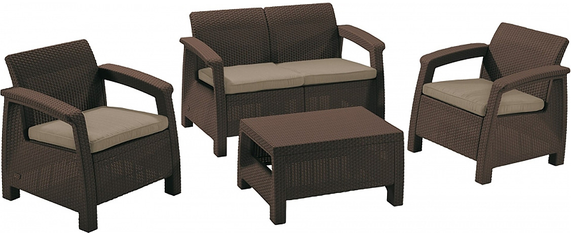 фото Комплект плетеной мебели Keter Corfu II Set Диван + Стол + Кресло, 2 шт, 17197361B, коричневый