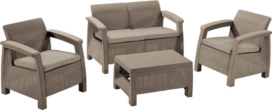 фото Комплект плетеной мебели Keter Corfu II Set Диван + Стол + Кресло, 2 шт, 17197361C, светло-коричневый