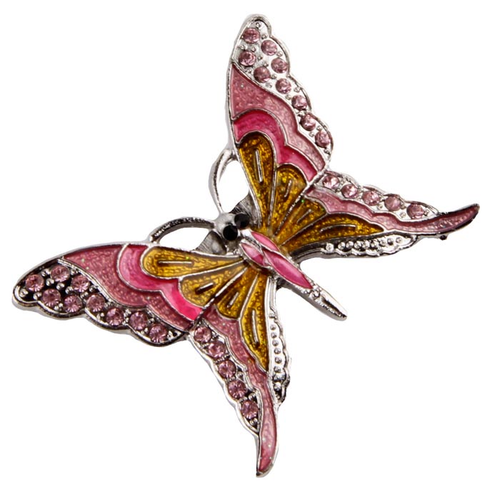 фото Брошь бижутерная Антик Хобби "Цветная бабочка", Бижутерный сплав, Кристаллы, Эмаль, розовый, серебристый, желтый, бежевый