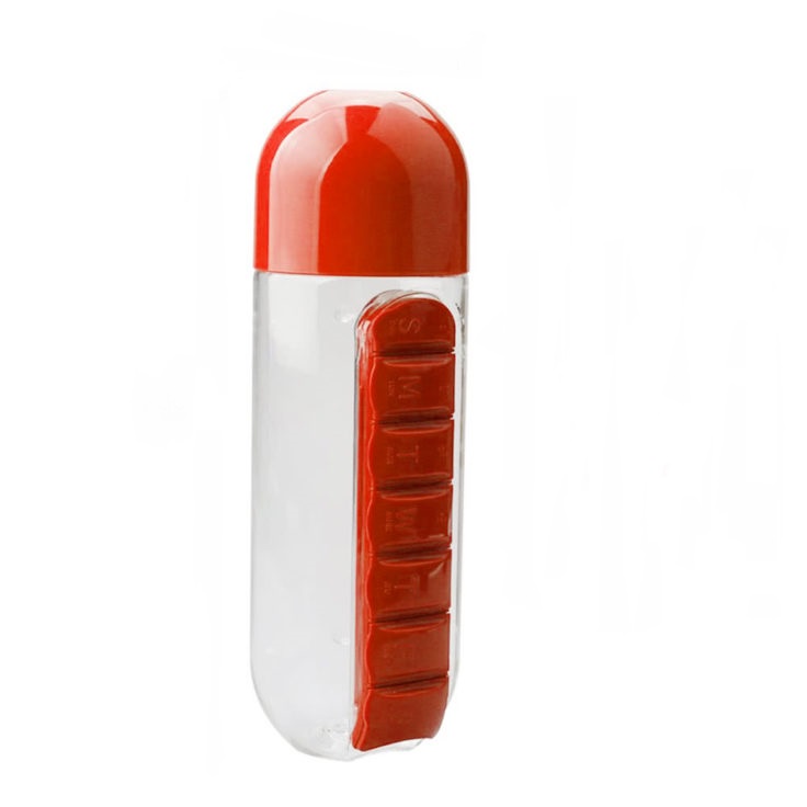 фото Бутылка для воды Migliores Пластиковая с органайзером для таблеток, прозрачный, оранжевый