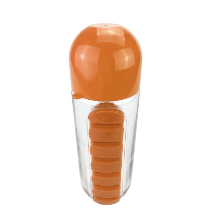 фото Бутылка для воды Migliores Пластиковая с органайзером для таблеток, прозрачный, оранжевый