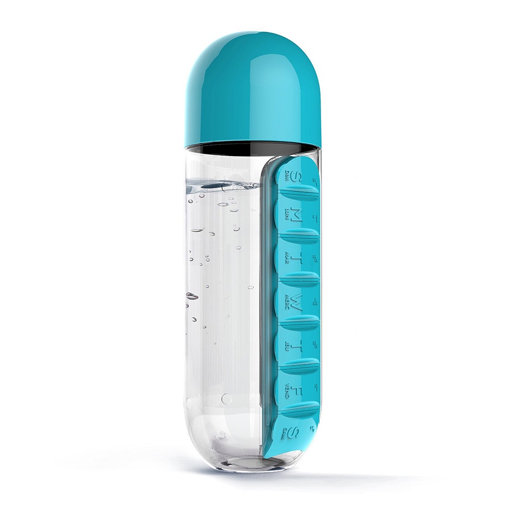 фото Бутылка для воды Migliores Пластиковая с органайзером для таблеток, прозрачный, голубой