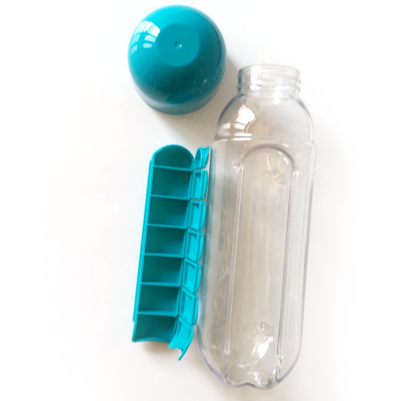 фото Бутылка для воды Migliores Пластиковая с органайзером для таблеток, прозрачный, голубой