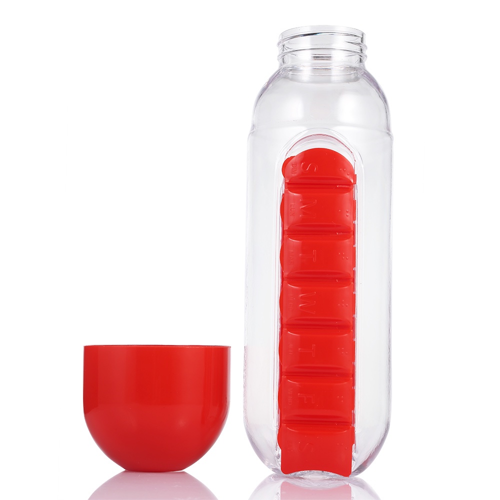 фото Бутылка для воды Migliores Пластиковая с органайзером для таблеток, прозрачный, красный