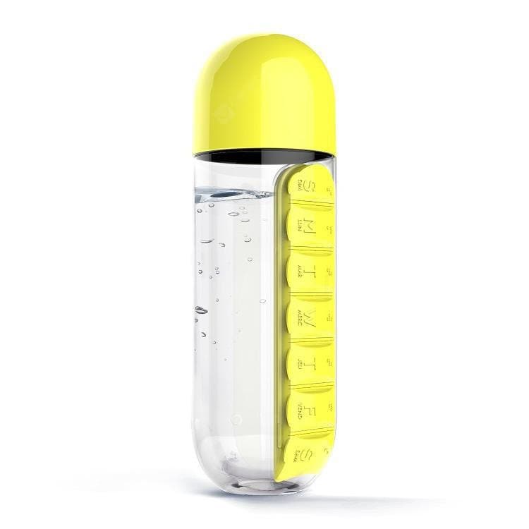 фото Бутылка для воды Migliores Пластиковая с органайзером для таблеток, прозрачный, желтый
