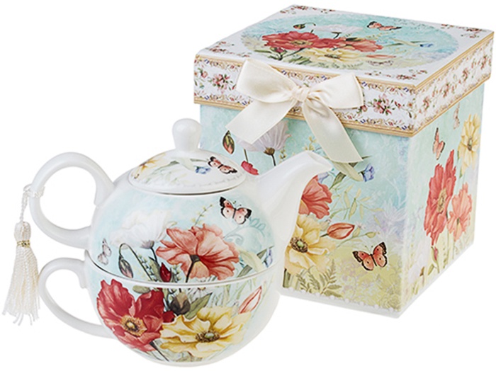 фото Набор чайный "Яркие маки" 2-предмета, 1 персона, керамика (чайник 250мл, чашка 250мл), в подарочной упаковке Красный куб