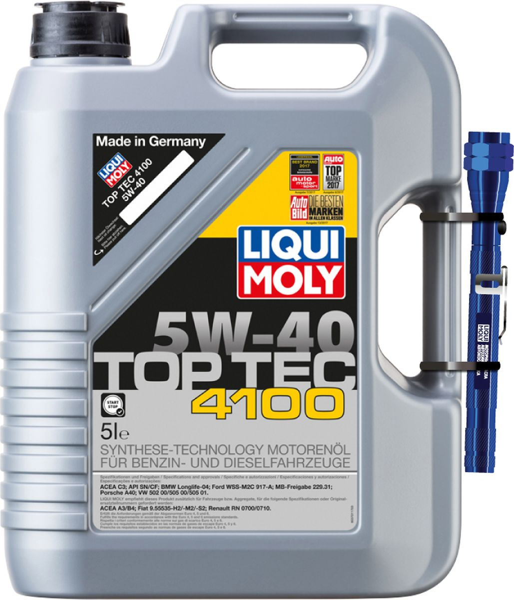 фото Моторное масло Liqui Moly Top Tec 4100, НС-синтетическое, 5W-40, 5 л + Фонарик в подарок