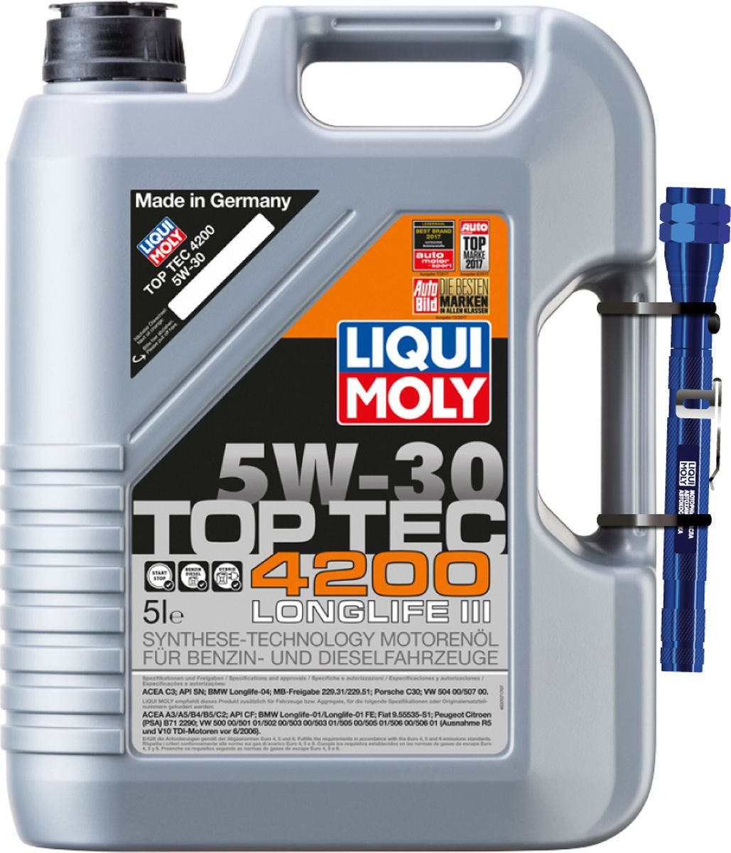 фото Моторное масло Liqui Moly Top Tec 4200, НС-синтетическое, 5W-30, 5 л + Фонарик в подарок