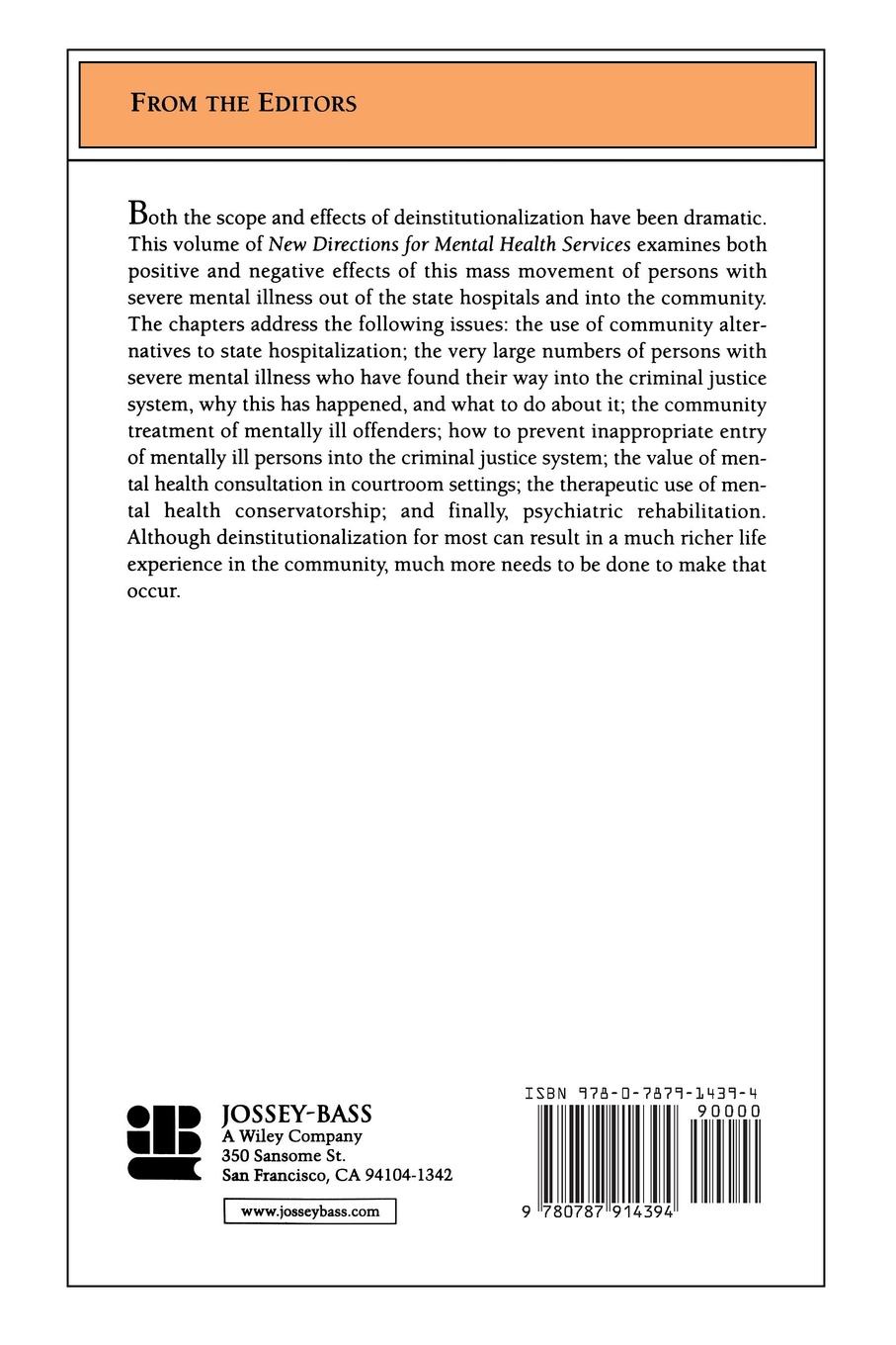 Deinstitutionalization. Promise and Problems: New Directions for Mental Health Services, Number 90