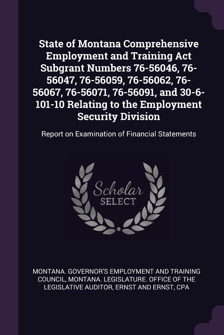 State of Montana Comprehensive Employment and Training Act Subgrant Numbers 76-56046, 76-56047, 76-56059, 76-56062, 76-56067, 76-56071, 76-56091, and 30-6-101-10 Relating to the Employment Security Division. Report on Examination of Financial Stat...