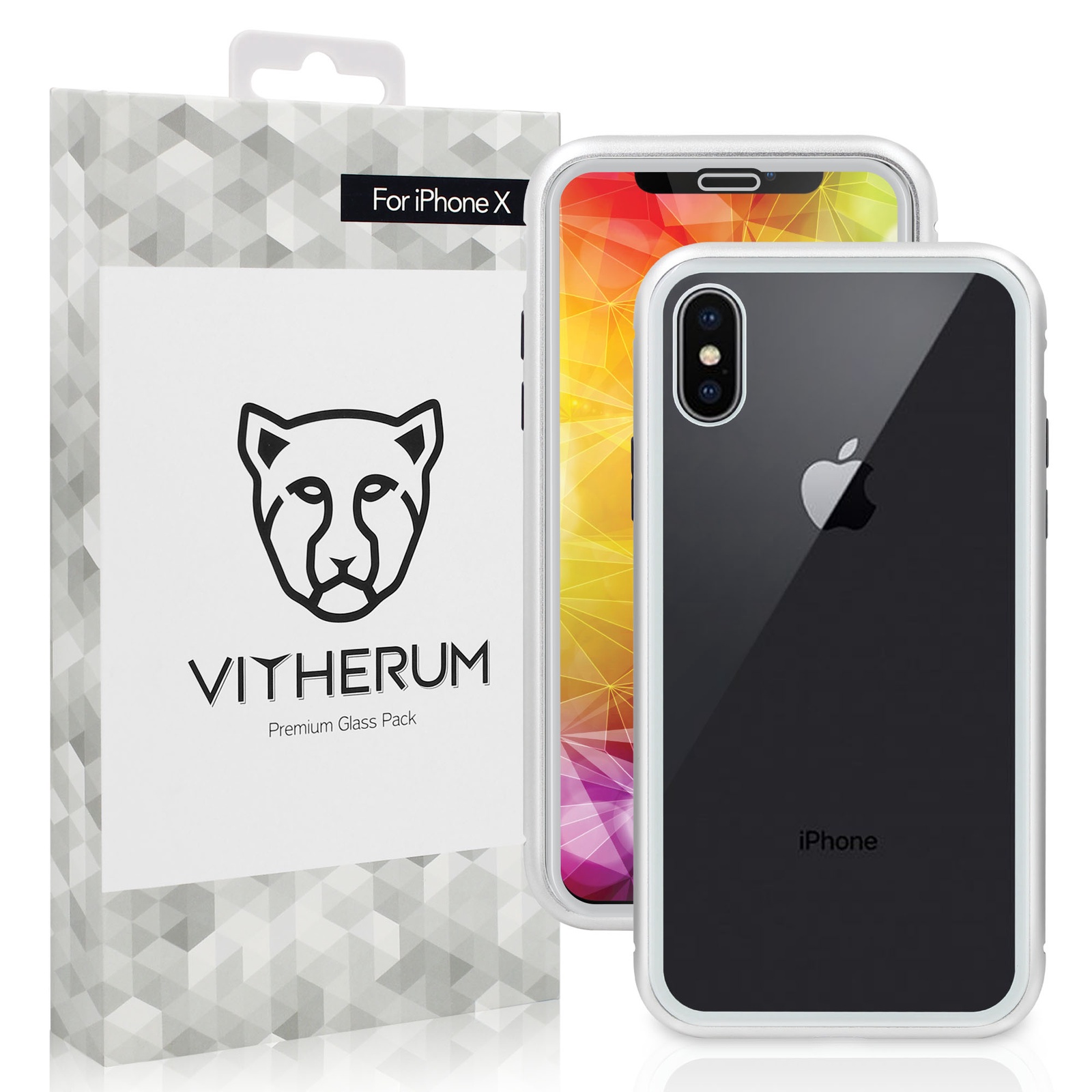 фото Защитный комплект: стекло, магнитный чехол VITHERUM SILVER Premium Glass Pack (Front Curved Tempered Glass, Magnetic Glass Case) серебряный для iPhone X/XS (VTHSLV0002)