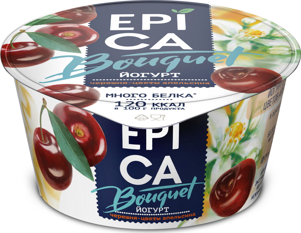 <b>Йогурт</b> Epica Bouquet с черешней и экстрактом цветов апельсина 4,8% 130г.Мас...