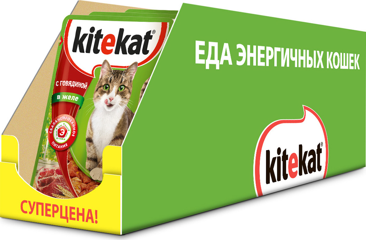 фото Консервы "Kitekat" для взрослых кошек, с говядиной в желе, 85 г х 28 шт