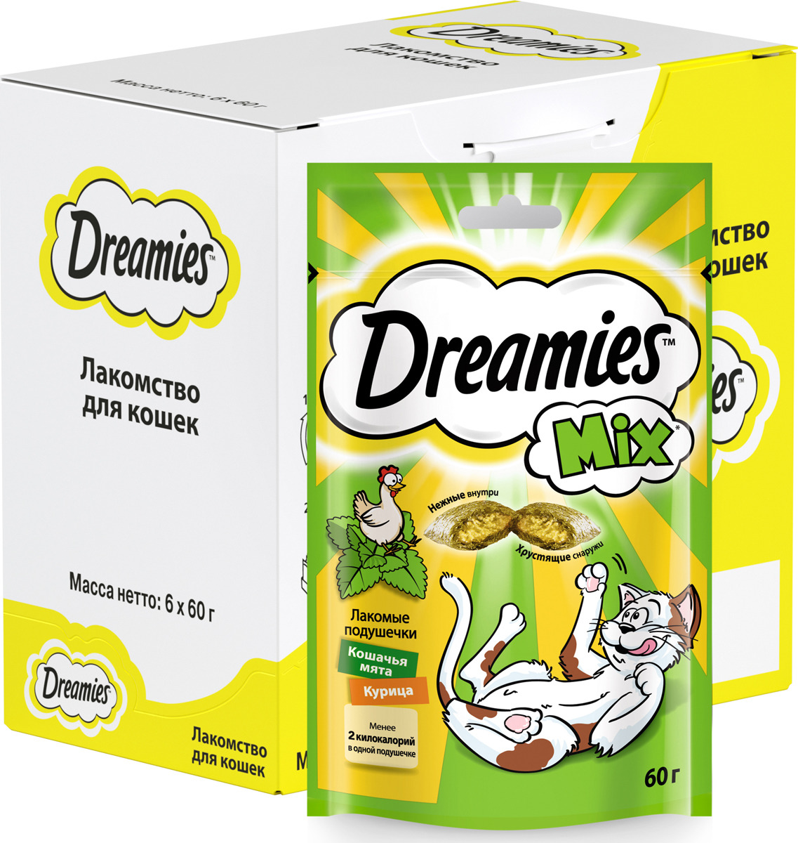 фото Лакомство Dreamies, для взрослых кошек, подушечки микс с курицей и мятой, 60 г