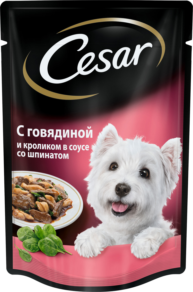 фото Консервы "Cesar", для взрослых собак, с говядиной и кроликом в соусе под шпинатом, 100 г