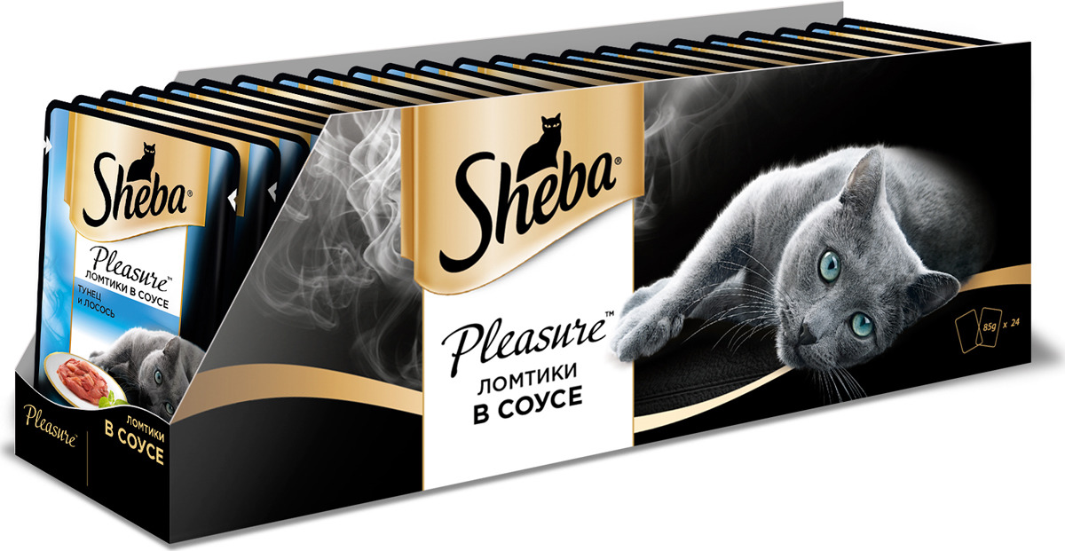 фото Консервы для взрослых кошек Sheba "Pleasure", с тунцом и лососем в соусе, 85 г, 24 шт