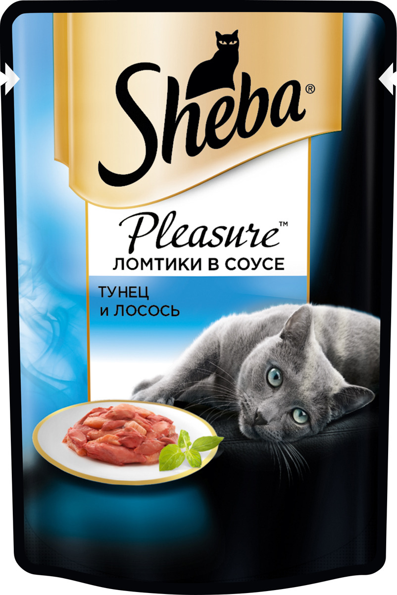 фото Консервы для взрослых кошек Sheba "Pleasure", с тунцом и лососем в соусе, 85 г, 24 шт