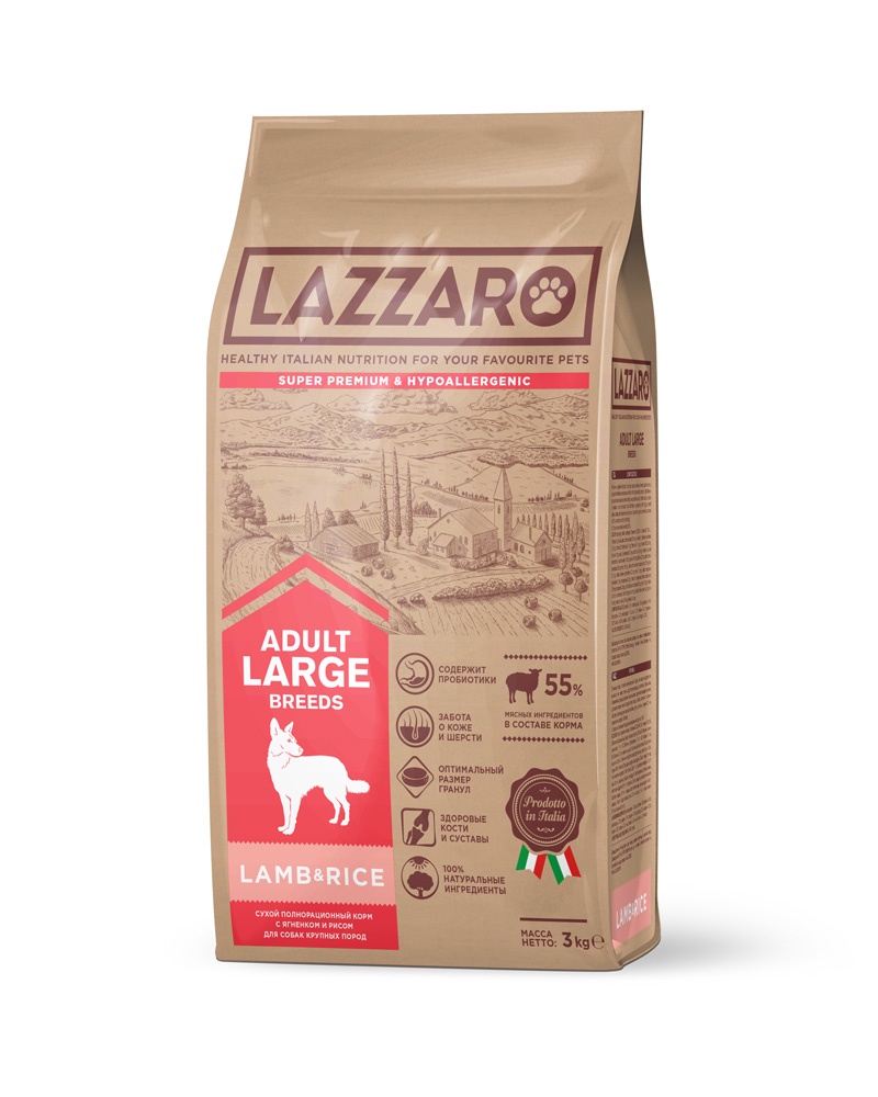 фото Корм Lazzaro сухой полнорационный с ягненком и рисом для собак крупных пород 3 кг