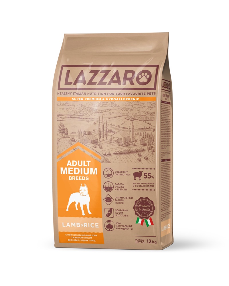 фото Корм Lazzaro сухой полнорационный с ягненком и рисом для собак средних пород 12 кг