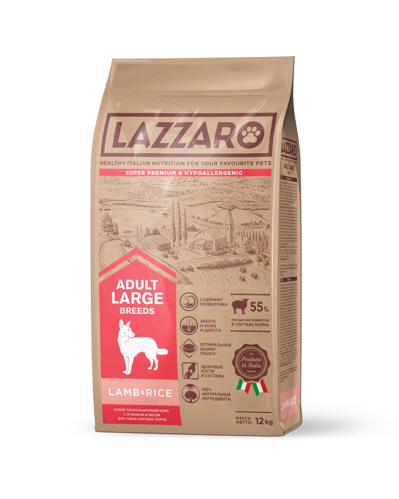 фото Корм Lazzaro сухой полнорационный с ягненком и рисом для собак крупных пород 12 кг