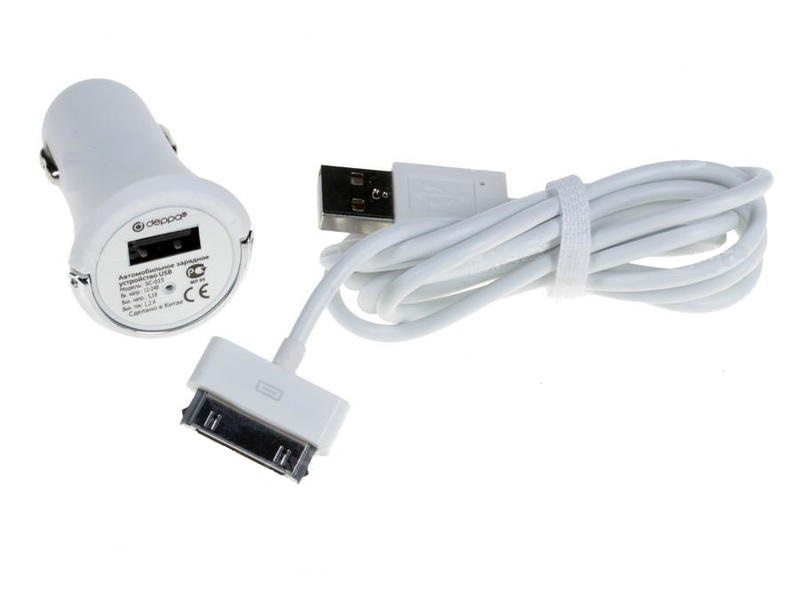 фото АЗУ Deppa Ultra, USB 1,2 А., дата-кабель с разъемом 30-pin для Apple , белый.