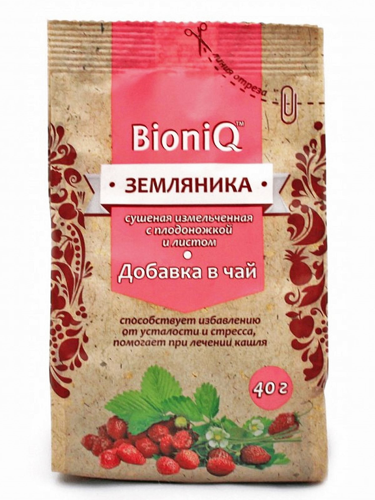 фото Земляника измельченная сушеная BioniQ, с плодоножкой и листом, 40 г