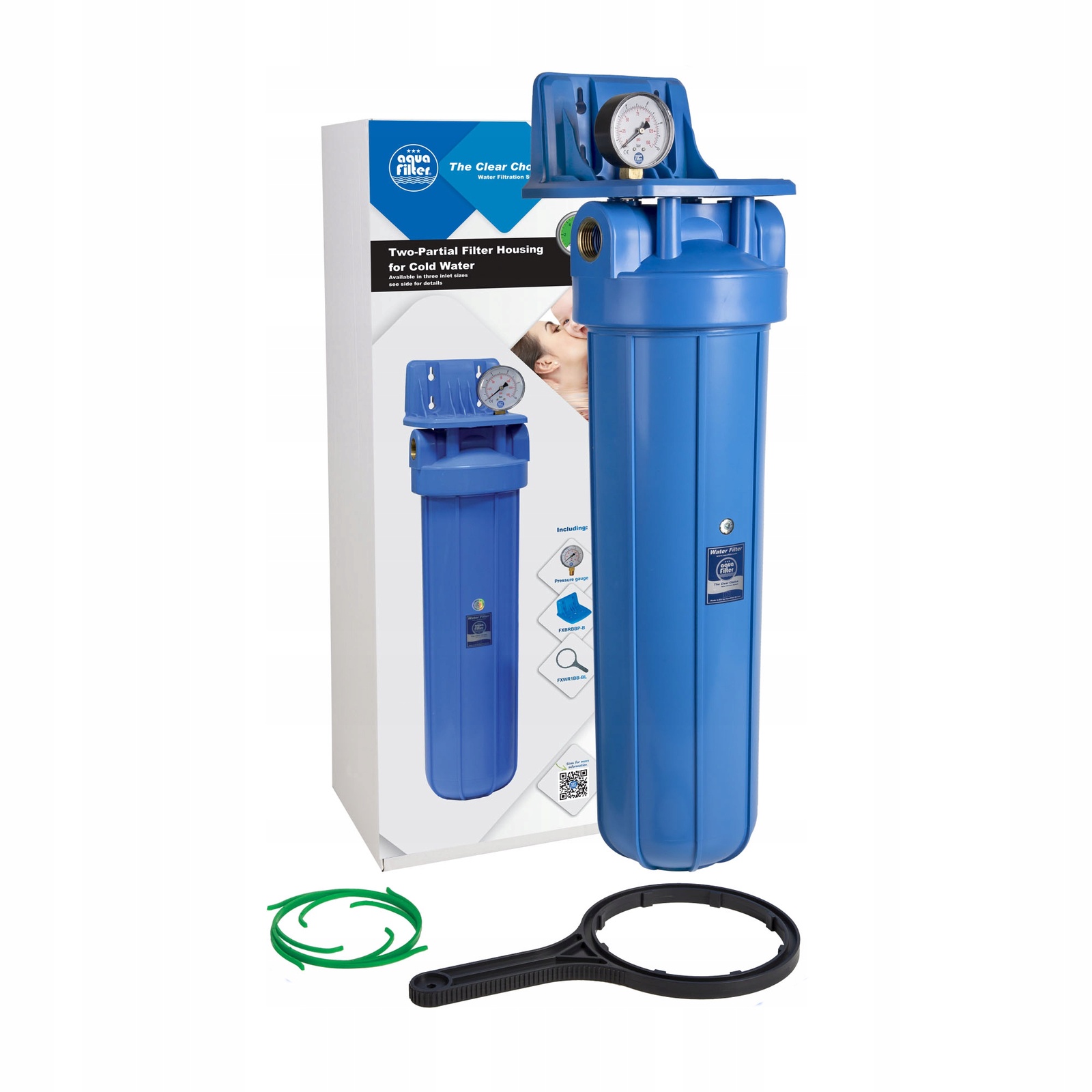 фото Магистральный корпус для холодной воды 20BB, синий, с вздушным клапаном и манометром, резьба 1", Aquafilter FH20B1-B-WB, 564