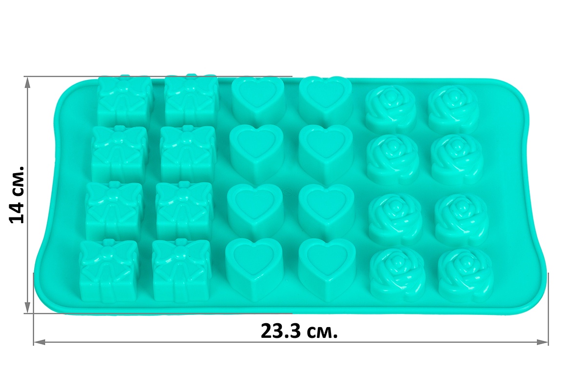 фото Форма силиконовая для шоколадных изделий и льда "Микс" бирюзовая, 24 ячейки ( бантик, сердце, роза) 23,3*14*2 см., упаковка - картонный хедер Elan gallery