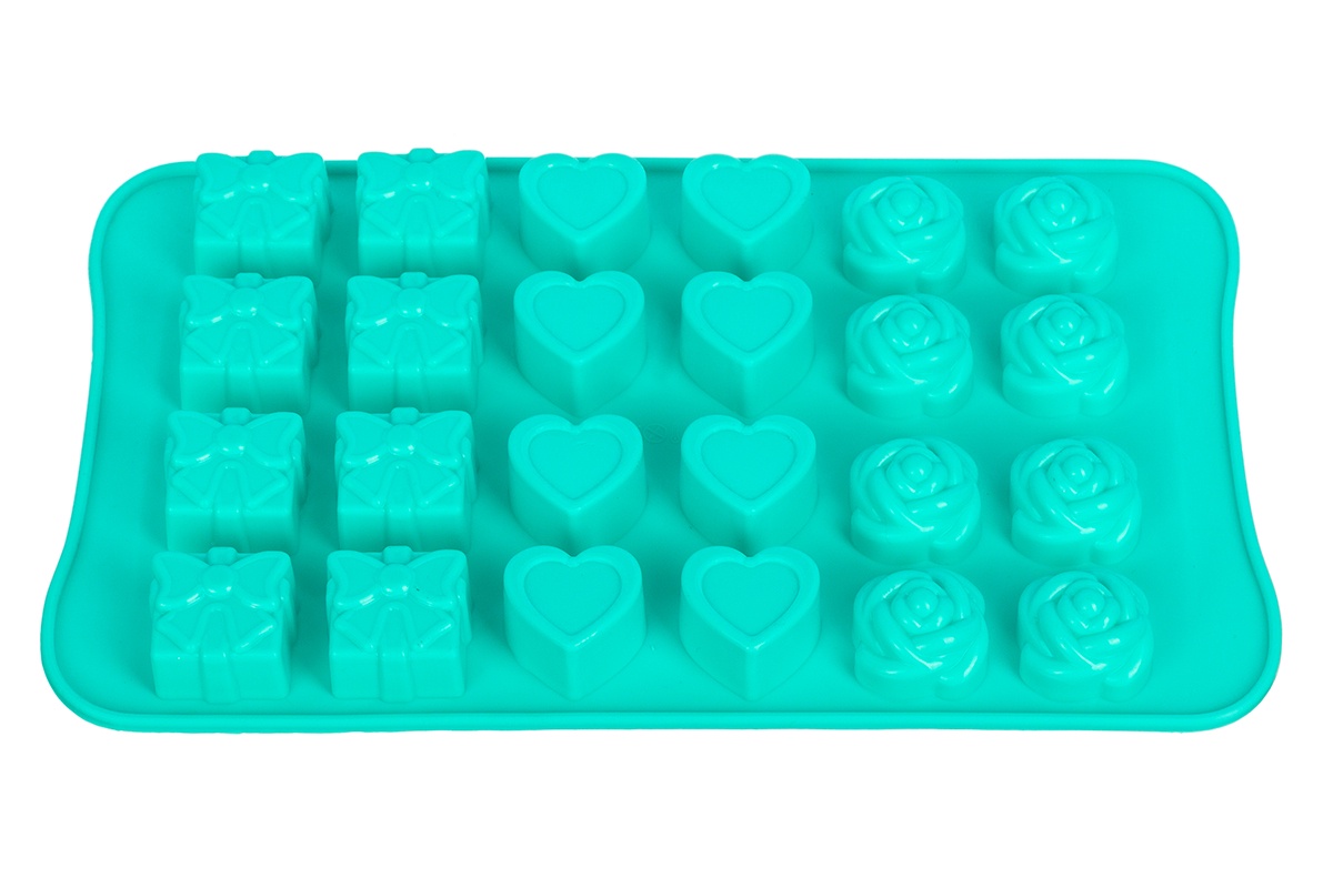 фото Форма силиконовая для шоколадных изделий и льда "Микс" бирюзовая, 24 ячейки ( бантик, сердце, роза) 23,3*14*2 см., упаковка - картонный хедер Elan gallery