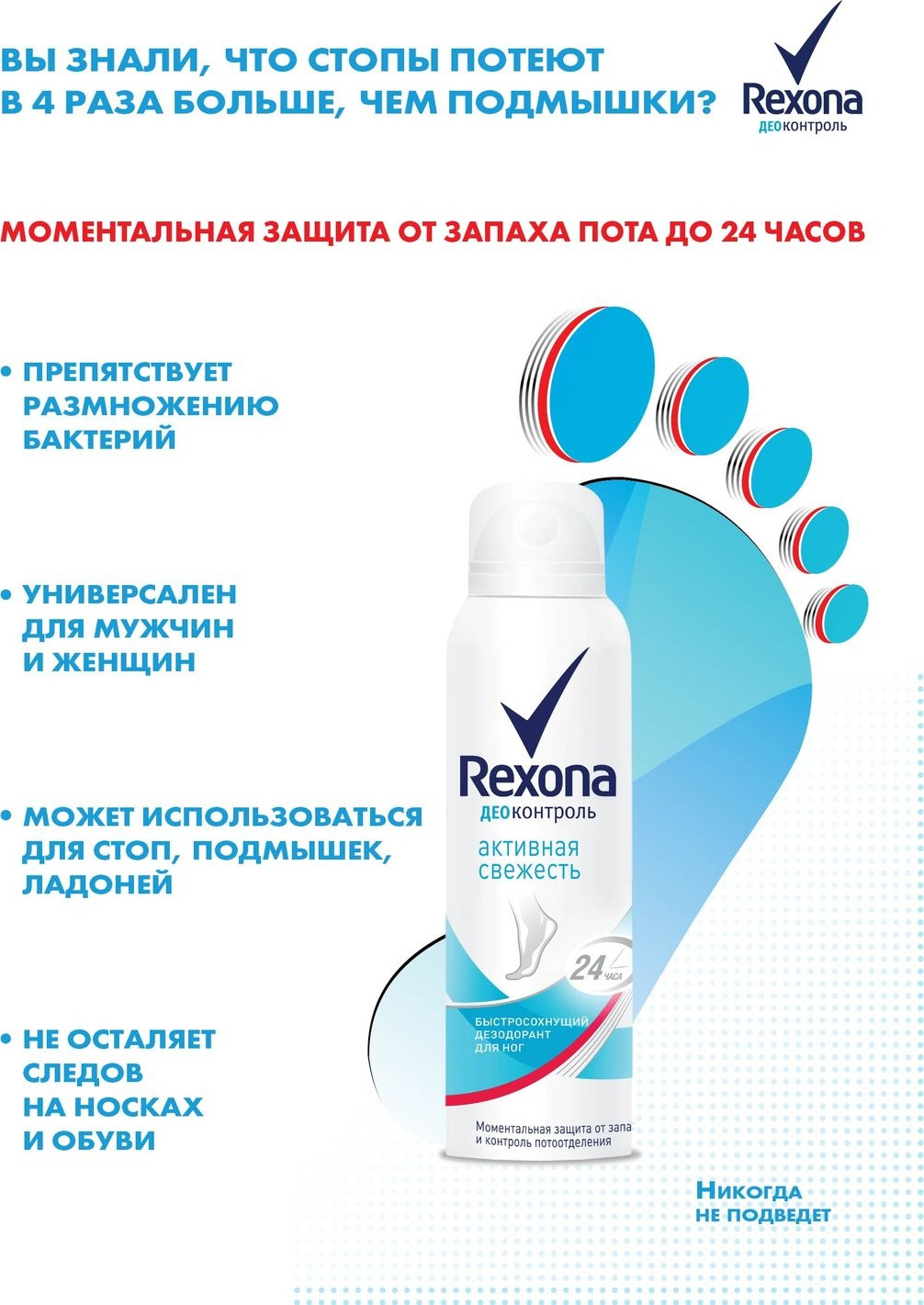 фото Антиперспирант-спрей для ног Rexona Деоконтроль Активная свежесть, 150 мл