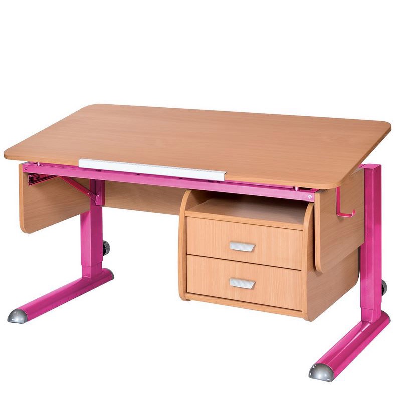 фото Парта для школьника для дома Астек МОНО-2 с тумбой (цвет столешницы: бук, цвет ножек стола: розовый)