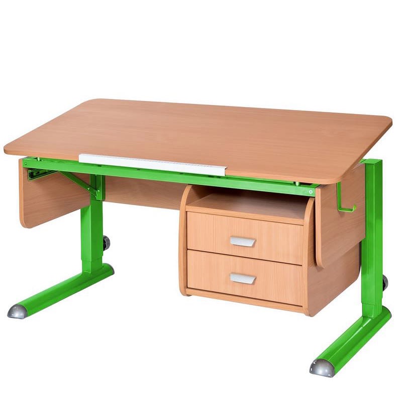 фото Парта для школьника для дома Астек МОНО-2 с тумбой (цвет столешницы: бук, цвет ножек стола: зеленый)