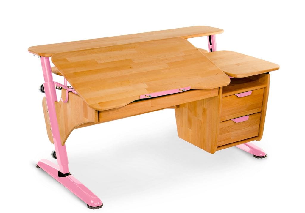 фото Растущая детская парта из массива Pondi Эргономик с тумбой (цвет столешницы: бук массив, цвет ножек стола: розовый)