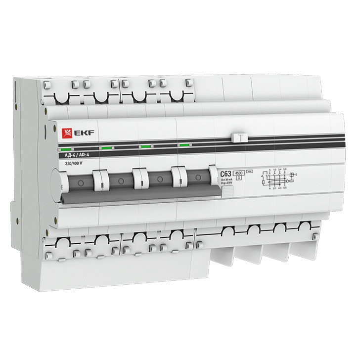 фото Дифференциальный автомат EKF PROxima АД-4, 4п 7.5мод. C 16А 30мА тип AC 4.5кА, DA4-16-30-pro, серый