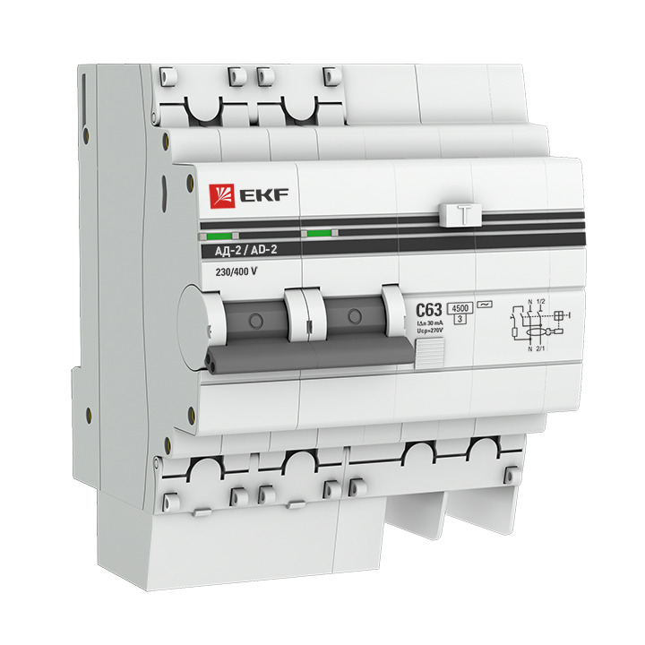 фото Дифференциальный автомат EKF PROxima АД-2, 2п 4мод. C 63А 30мА тип AC 4.5кА, DA2-63-30-pro, серый