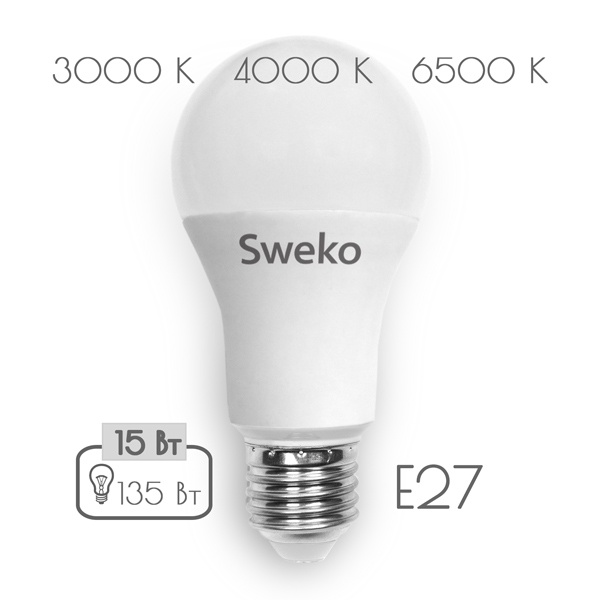 фото Лампочка Sweko 42LED-A60-15W-230-6500K-E27, Дневной свет 15 Вт, Светодиодная