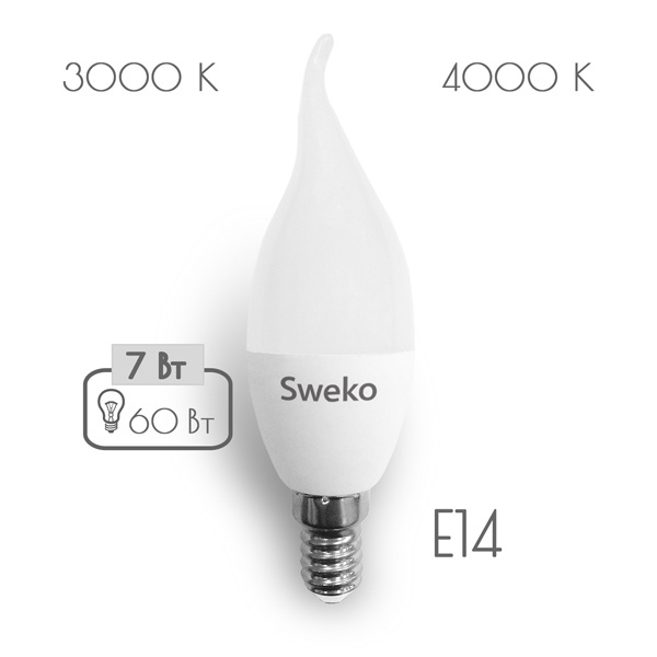 фото Лампочка Sweko 42LED-C35-7W-230-4000K-E14-T, Холодный свет 7 Вт, Светодиодная