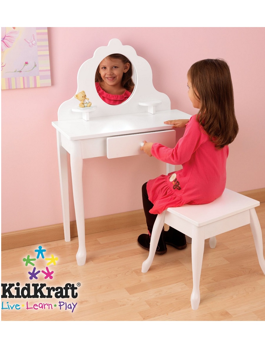 фото Белый туалетный столик из дерева для девочки "Модница" (White Medium Vanity & Stool) Kidkraft