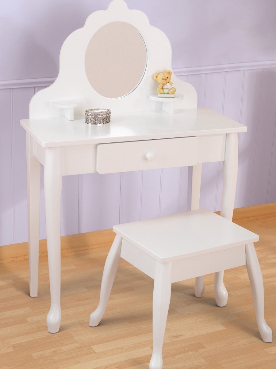 фото Белый туалетный столик из дерева для девочки "Модница" (White Medium Vanity & Stool) Kidkraft
