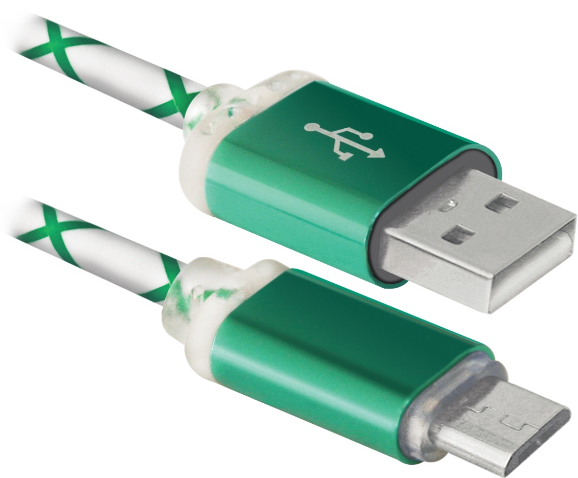 фото USB кабель Defender USB08-03LT USB2.0 зеленый, LED, AM-MicroBM, 1м