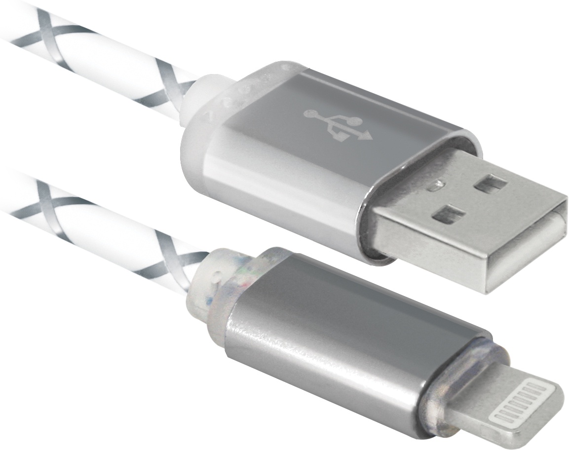 фото USB кабель Defender ACH03-03LT cерый, LED, USB-Lightning, 1м