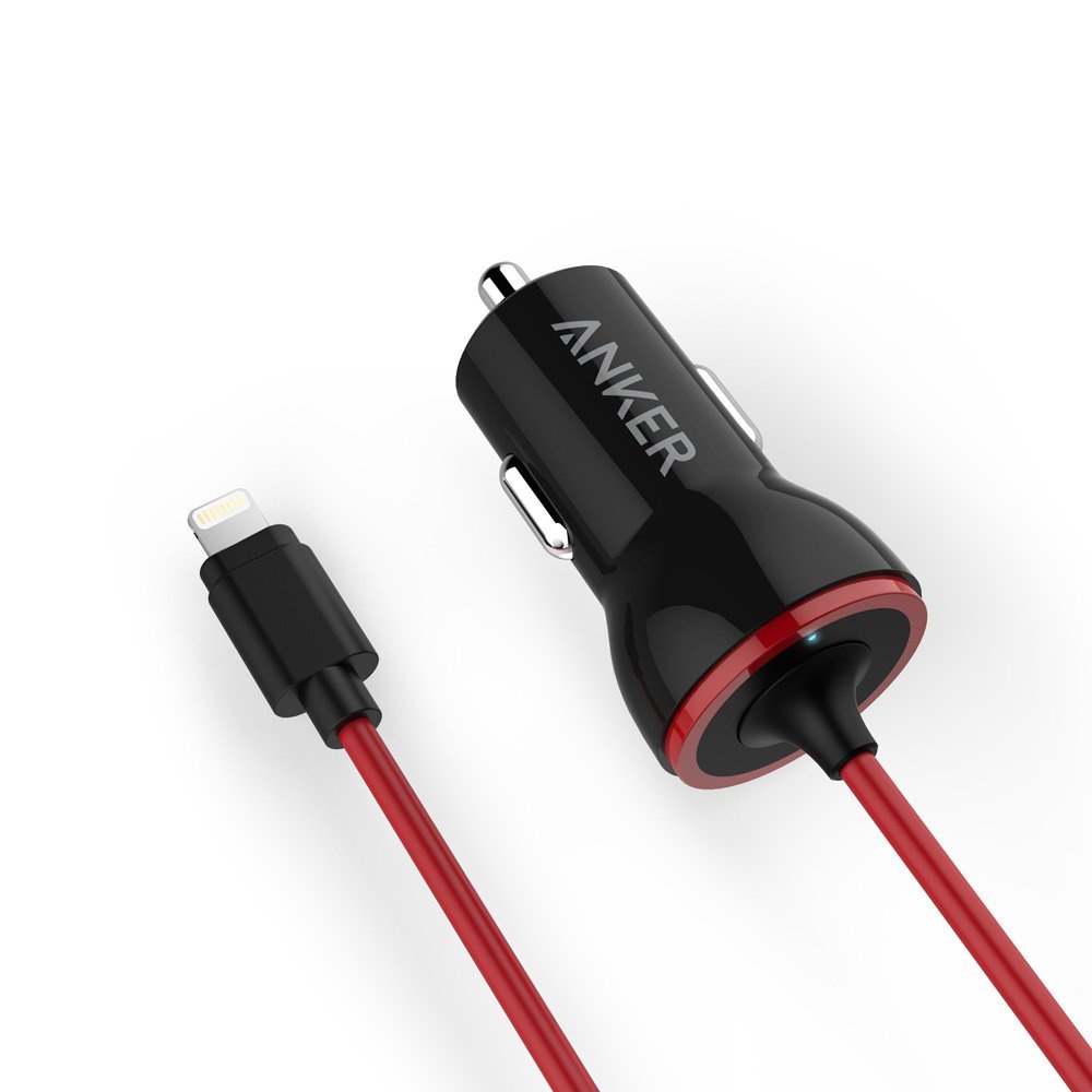 фото Автомобильное зарядное устройство с фиксированным кабелем Anker PowerDrive Lightning (A2307011) для iPhone, iPad и iPod (Black/Red)