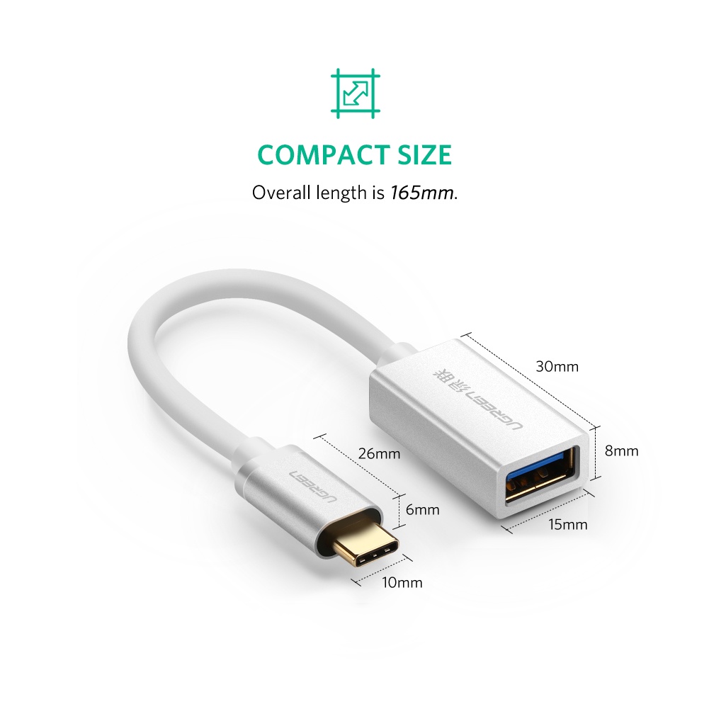 фото OTG-кабель в нейлоновой оплетке Ugreen USB Type C to USB 3.0 Silver