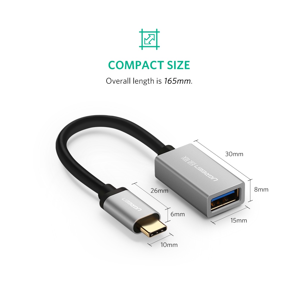 фото OTG-кабель в нейлоновой оплетке Ugreen USB Type C to USB 3.0 Black